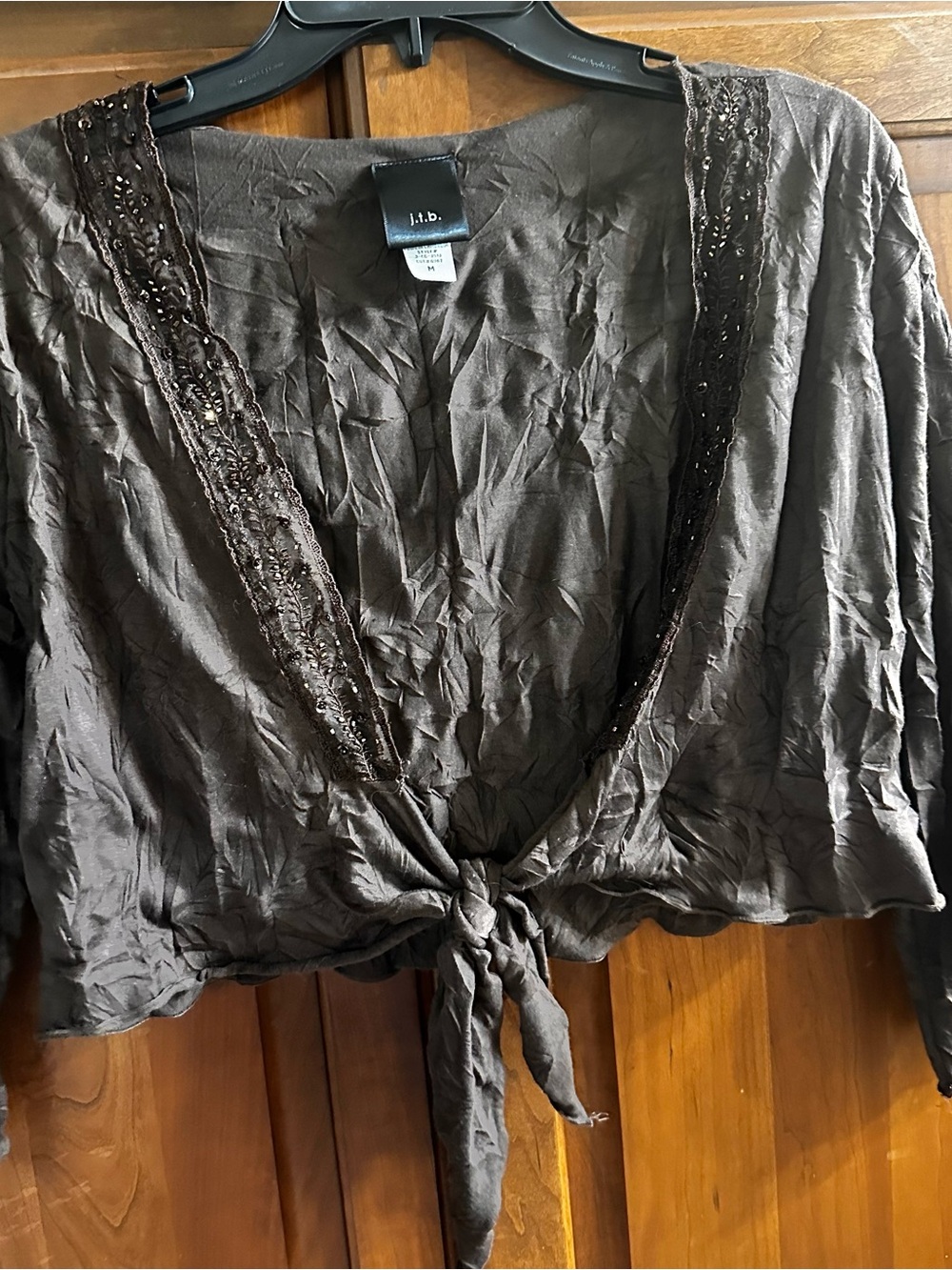 Brown Tie-Front Beaded bolero top
